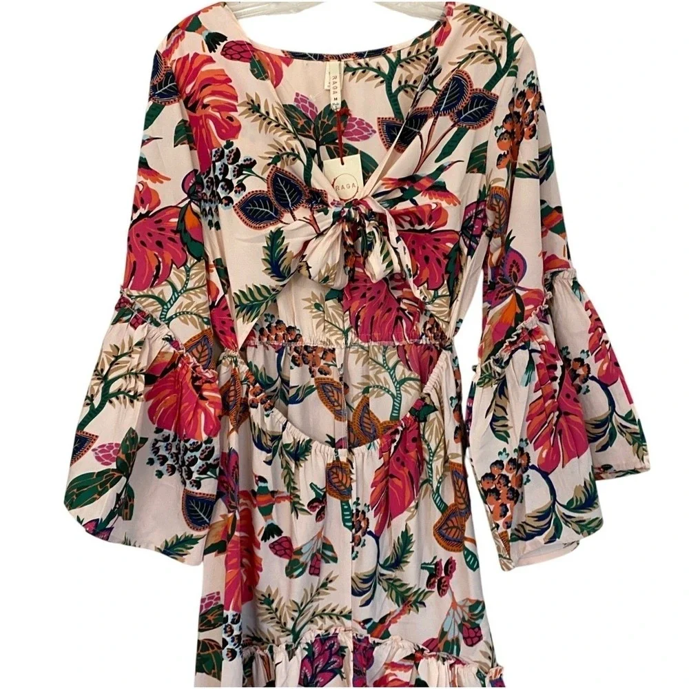 Raga Floral Cutout Bell Sleeve High Low Midi Dress Pink Multi R4561 Womens M NEW